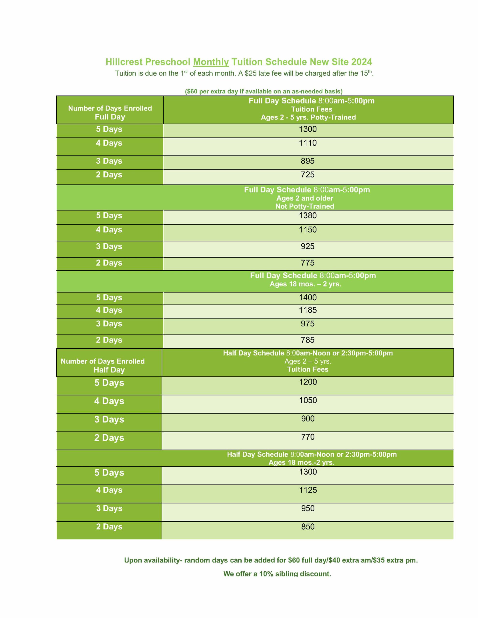 Tuition Hillcrest Preschool